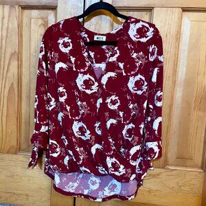 West K Maroon Floral V-neck Faux Wrap Top